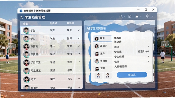 大拇指数字化校园单机版的学生档案管理界面,显示学生列表与详细信息卡片,背景为校园操场,风格写实清晰,博古AI生成