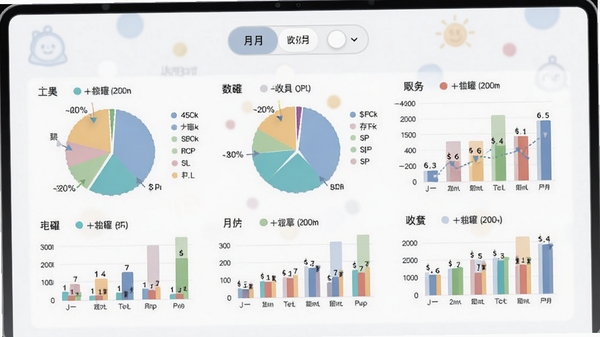 存钱罐的数据统计界面,显示各类彩色饼图和柱状图,图表上方有月份切换按钮,背景为白色,图表配色鲜艳但柔和,整体布局合理,直观展示收支变化趋势