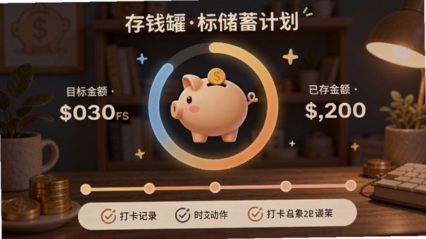 存钱罐的目标储蓄计划页面,画面展示一个带有进度环的存钱罐图标,周围有目标金额和已存金额的数字标注,底部是时间轴和打卡记录,整体色调温馨,富有激励感