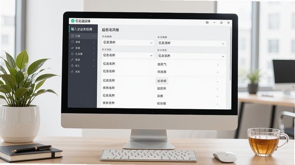 亿名通店铺公司取名软件主界面截图,展示输入行业关键词、选择起名风格后生成的候选名字列表,界面简洁清晰,背景为现代办公桌场景,电脑屏幕中显示软件界面,周围有绿植和茶杯,整体明亮舒适