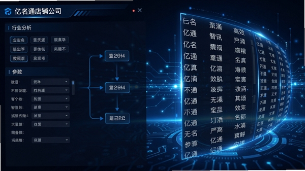 亿名通店铺公司取名软件的智能起名引擎运行画面,界面展示算法分析过程,左侧为行业标签和参数设置,右侧动态滚动生成大量候选名字,背景为科技感蓝色光效,突出智能与高效