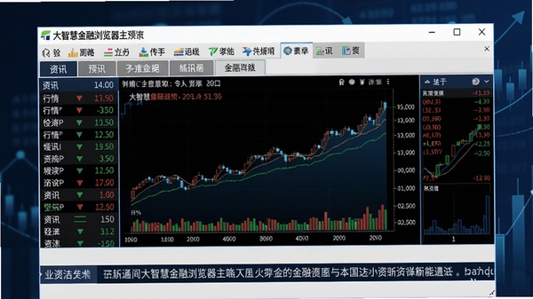 大智慧金融浏览器主界面预览图,展示其集成了行情报价、资讯滚动条与多功能标签页的电脑软件界面,背景为深蓝色财经风格,界面布局清晰,色彩专业沉稳