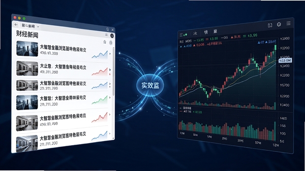 大智慧金融浏览器特色功能展示图,画面左侧为财经新闻列表,右侧为实时行情图表,中间以流畅线条连接,体现信息聚合与高效浏览的电脑软件界面风格