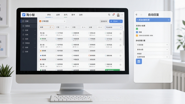淘小秘自动发货软件主界面预览图,展示清晰的订单监控列表与自动回复设置面板,背景为简洁的电脑桌面环境,整体风格现代且专业