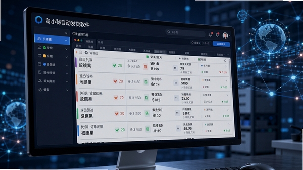 淘小秘自动发货软件订单监控功能示意图,画面展示多订单同时处理时的流畅界面,数据列表清晰滚动,背景融入抽象的数字化网络元素