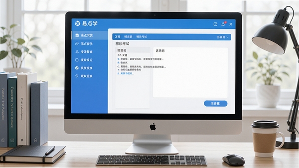 易点学车主界面预览图,展示软件在电脑屏幕上的运行效果,左侧为功能菜单列表,右侧为模拟考试答题区域,背景为整洁的书桌环境,整体色调以蓝色和白色为主,画面清晰明亮,风格写实,细节丰富