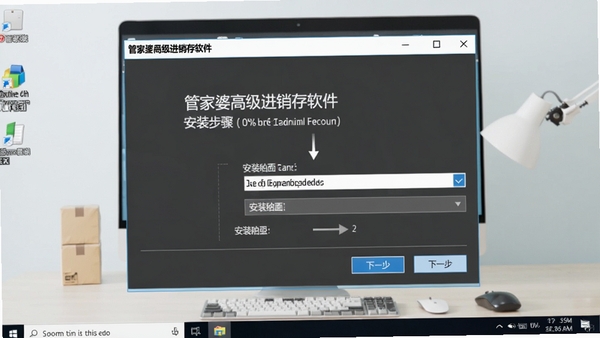 管家婆高级进销存软件安装步骤截图,画面显示安装向导界面,包含下一步按钮和安装路径选择框,背景为桌面环境,整体色调干净明亮,突出安装过程指引