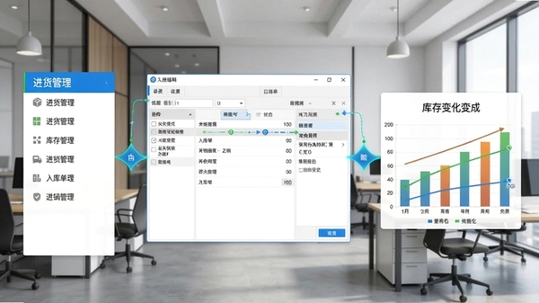 管家婆高级进销存软件进销存流程示意画面,左侧为进货管理菜单,中间为入库单编辑界面,右侧显示库存变化图表,背景为商务办公环境,整体色调明亮清晰,突出数据联动效果