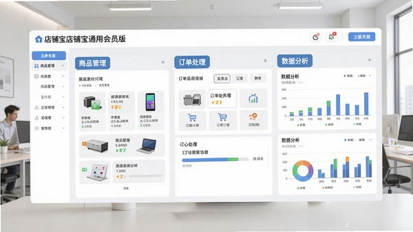 店铺宝通用会员版主界面截图,展示商品管理、订单处理、数据分析三大核心功能区,背景为浅灰色电商办公场景,界面清晰明亮,突出软件名称店铺宝通用会员版