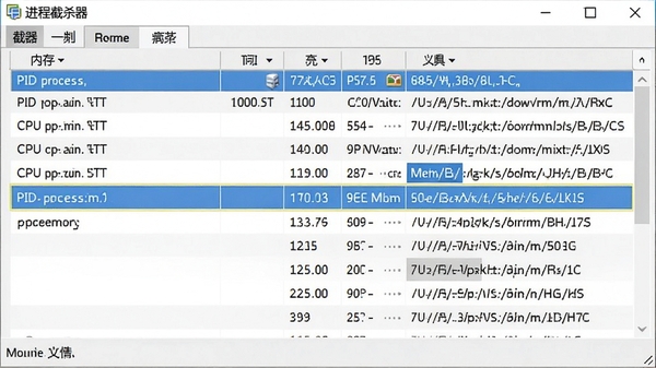 进程截杀器进程列表详情截图,高亮显示一个占用内存较高的进程,旁边标注PID、内存数值、CPU使用率以及完整的文件路径信息,界面布局清晰,数据排列整齐,背景为软件主窗口的局部放大图
