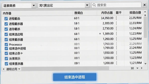 进程截杀器批量操作界面,多个进程被勾选,界面下方有“结束选中进程”的按钮,按钮为蓝色高亮,进程列表按内存占用降序排列,顶部有筛选和搜索框,整体界面直观易用