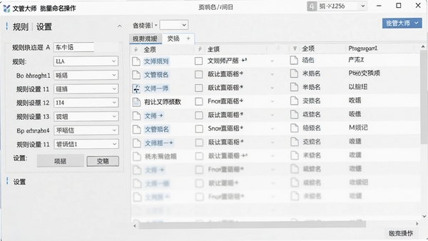 文管大师批量重命名操作界面,展示规则设置面板和文件列表预览,界面简洁直观