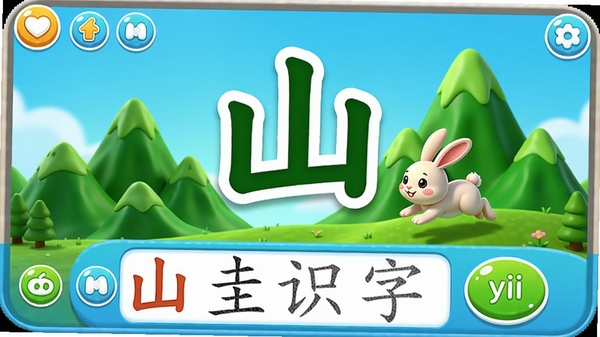 展示酷娃识字软件中一个汉字的互动教学界面,画面中央是一个大大的“山”字,旁边是连绵起伏的绿色青山3D模型,一只小兔子在山间跳跃,界面下方有描红练习区域和发音按钮,整体UI设计圆润可爱,色彩饱和度高,充满童趣