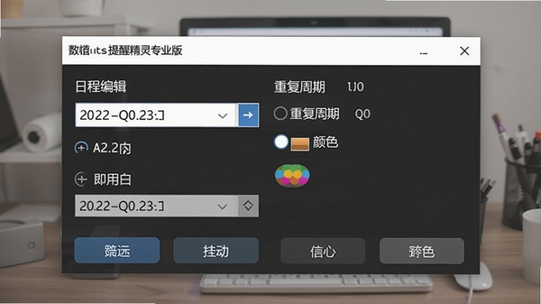 桌面提醒精灵专业版日程编辑窗口,显示日期时间选择器、重复周期选项和颜色标签,界面布局清晰,功能按钮齐全