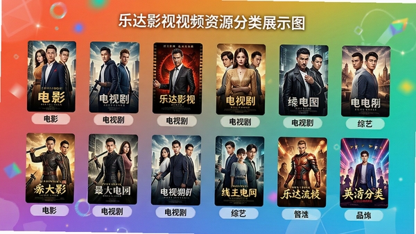 乐达影视视频资源分类展示图,画面中显示多个影视海报缩略图,涵盖电影、电视剧、综艺等分类标签,背景为渐变色,突出资源丰富性,风格明亮清晰