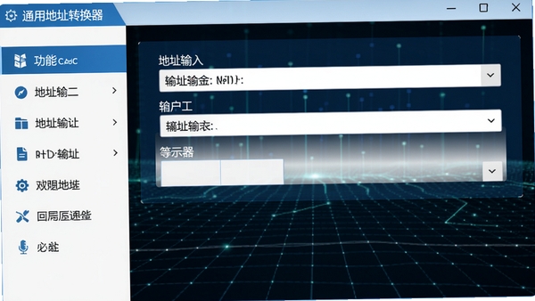 通用地址转换器主界面截图,左侧为功能菜单栏,右侧为地址输入输出区域,整体采用蓝白配色,界面布局清晰简洁,背景为深色科技感网格纹理