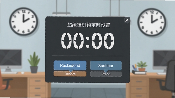 超级挂机锁定时设置界面,显示倒计时数字和选项,背景为办公室场景,时钟元素点缀,画面简洁明了