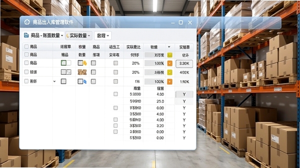 商品出入库管理软件的库存盘点界面,表格中显示商品账面数量与实际数量对比,背景为仓库货架,货架上整齐摆放着纸箱和货物