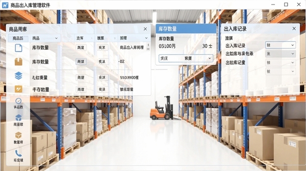 商品出入库管理软件主界面截图,展示商品列表、库存数量、出入库记录等核心功能模块,背景为简洁的仓库货架场景,整体风格明亮清晰
