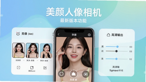 美颜人像相机最新版本功能展示图,画面中展示新版本界面,包括滤镜选择、美颜调节、高清输出等核心功能,背景为清新渐变色调,风格现代简洁,突出软件名称。
