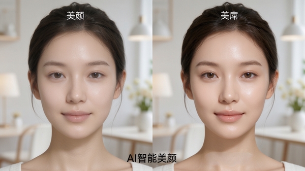 美颜人像相机AI美颜效果对比图,左侧为素颜人像,右侧为美颜后的人像,皮肤细腻有光泽,五官立体自然,背景虚化,简洁干净的展示界面,标注“AI智能美颜”字样,高清写实风格。