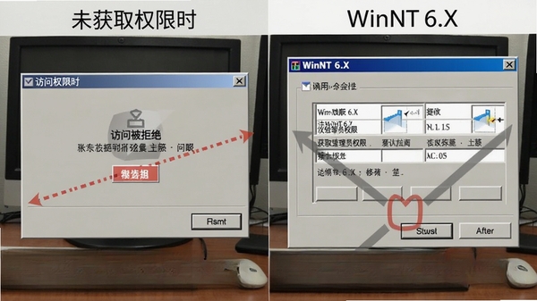 一幅对比示意图,左侧是未获取权限时提示“访问被拒绝”的窗口,右侧是使用WinNT 6.X右键获取管理员权限后成功修改文件属性的窗口,画面分屏对比,风格写实,突出软件解决问题的核心功能