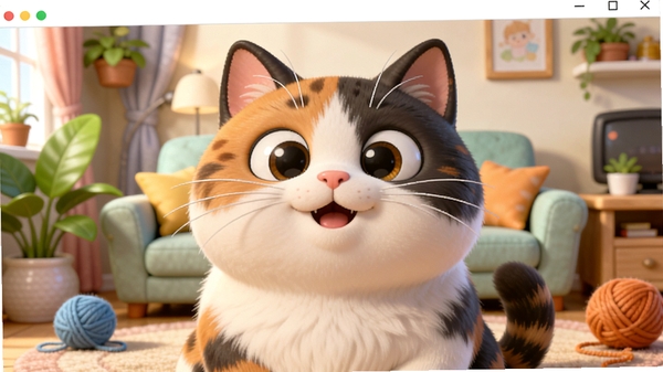 偷花猫软件主界面预览图,一只憨态可掬的花猫占据画面中央,背景是明亮温馨的卡通客厅,四周点缀着绿色植物与毛线球,整体色调柔和,采用3D卡通渲染风格,高分辨率,细节丰富,展现软件轻松愉快的核心氛围