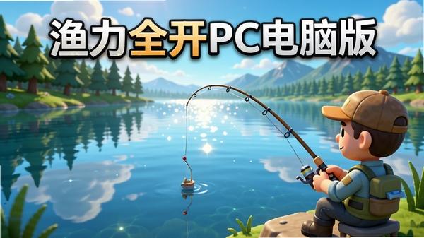 渔力全开PC电脑版游戏主界面预览图,画面中央是一片波光粼粼的湖泊,岸边有茂密树林和远山,近处一位卡通风格钓手正手持鱼竿静坐,鱼漂微微颤动,水面倒映天空与云朵,整体色调明亮清新,细节丰富,适合作为游戏宣传海报