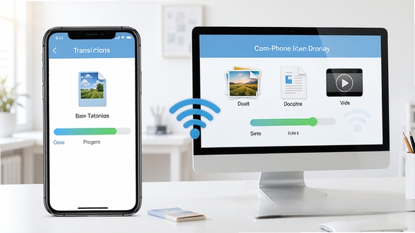 Com-Phone文件传输功能演示图,手机屏幕显示正在发送文件的进度条,电脑端同步显示接收状态,背景为简洁的桌面环境,文件类型包括照片、文档和视频,画面突出传输速度和网络连接图标,色调明亮,风格写实。
