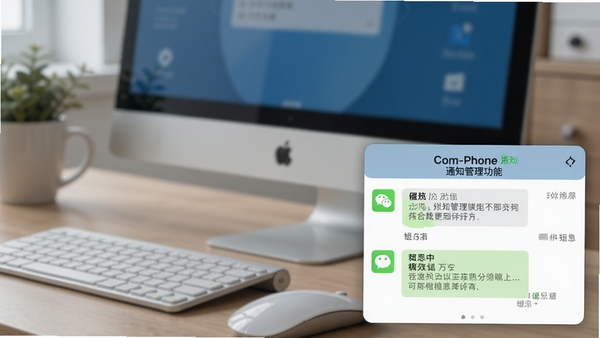 Com-Phone通知管理功能截图,电脑屏幕右下角弹出手机通知样式的小窗,显示微信和短信消息,背景为工作场景,键盘鼠标可见,画面突出高效办公与消息同步,色调柔和。