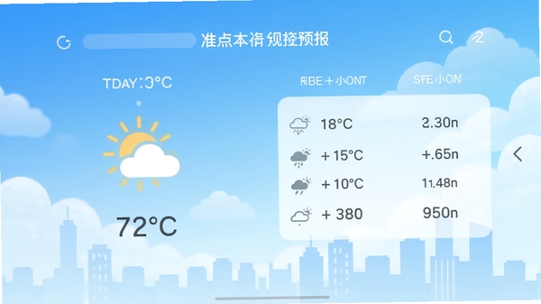 准点本地天气预报应用主界面,展示当日气温、天气图标和未来几小时降雨预测,背景为清新渐变的蓝天白云与城市剪影,风格简约现代,信息清晰易读