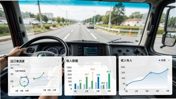 拉货搬家司机司机收入统计报表界面,展示当日订单流水、里程数据和收入曲线,背景为货车驾驶室,数据清晰可见