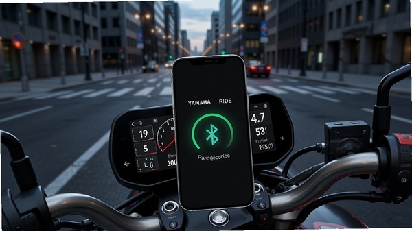 YAMAHA RIDE 连接摩托车仪表盘界面,手机屏幕显示速度、转速、倾角等实时数据,背景是城市街道,画面中心突出手机与摩托车的蓝牙连接状态,整体风格科技感十足,高清数字渲染