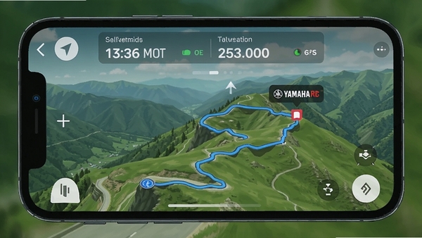 YAMAHA RIDE 地图轨迹回放界面,蜿蜒的山路线条标注起点终点,手机屏幕上方显示总里程和均速数据,背景为绿色山野,风格清爽写实