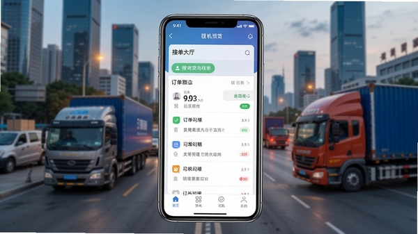 拉货搬家司机软件主界面预览图,展示接单大厅、订单列表和司机个人中心,背景为城市货运场景,画面中心突出手机APP界面,风格写实清晰