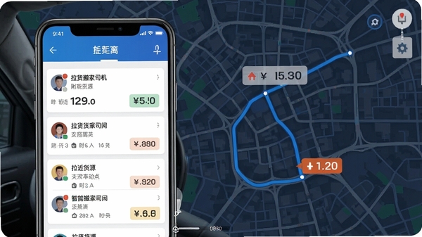 拉货搬家司机智能派单功能截图展示,手机屏幕上显示附近货源推送列表,背景为城市地图路线,突出距离和运费标签,画面干净清晰