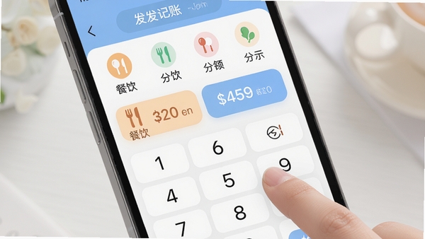 发发记账快速记账功能演示图,手机界面展示数字键盘和常用金额快捷按钮,分类图标排列整齐,手指正在点击“餐饮”分类,界面色彩柔和,强调操作流畅便捷,适合功能截图展示