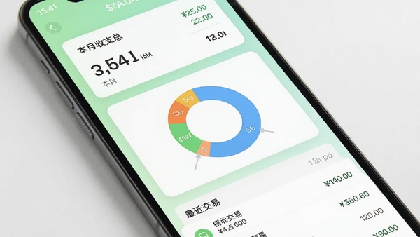 发发记账软件主界面预览图,手机屏幕显示简约的记账首页,上方是本月收支汇总卡片,中间是分类圆环统计图,下方是最近交易列表,背景为清新的浅绿色渐变,整体风格干净明亮,高清应用截图风格
