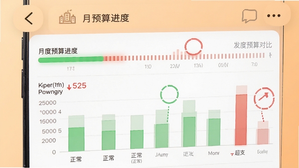 发发记账预算管理界面效果图,手机界面显示月度预算进度条和各类别预算对比条形图,有绿色正常与红色超支状态标识,整体设计直观易懂,背景为浅橙色渐变,强调预警功能