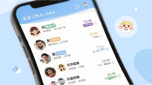 发发记账多人共享账本界面示意图,手机屏幕显示家庭成员头像列表和共同记账的动态,每笔记录带有不同颜色的用户标签,整体风格温馨活泼,背景为浅蓝色,强调协作共享概念