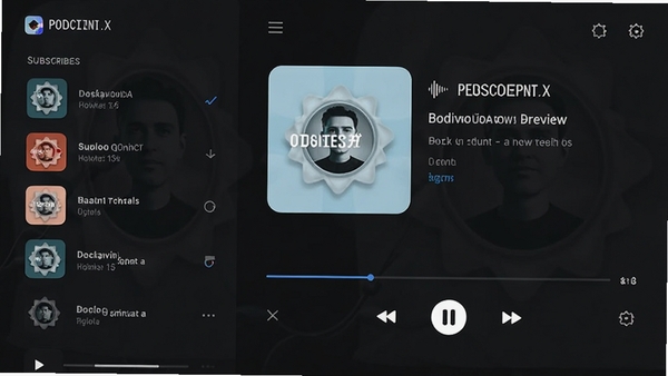 Podcini.X 播客应用主界面预览图,左侧显示订阅列表,右侧展示节目详情与播放控制栏,背景采用深色系,整体风格现代简洁。