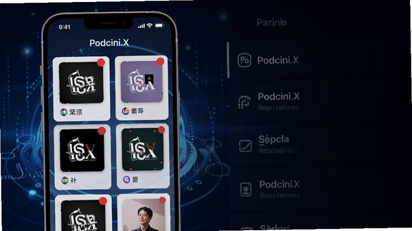 Podcini.X智能订阅管理功能预览图,画面展示多张播客封面卡片排列在手机屏幕上,每张卡片带有未读红点提示,背景为深蓝色科技感光效,突出Podcini.X的整理归纳功能,画面主体在左侧,右侧留白用于展示列表详情