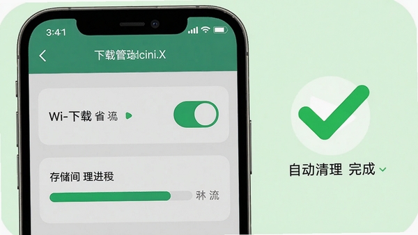 Podcini.X下载管理功能示意图,画面展现手机设置界面中的Wi-Fi下载开关与存储空间清理进度条,背景为浅绿色清新风格,强调省流与空间优化特性,画面右侧配有一个对勾图标,代表自动清理完成