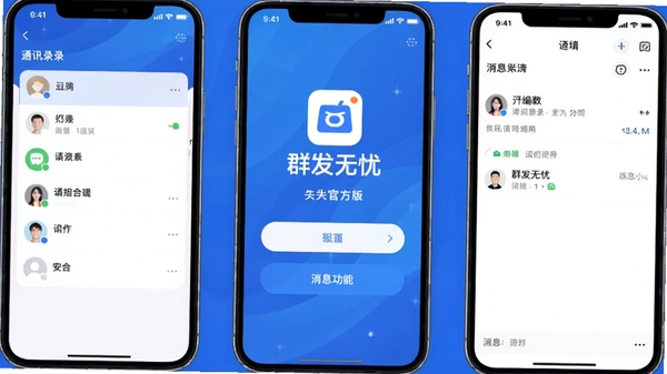 群发无忧官方版主界面,展示其简洁清晰的通讯录分组与消息编辑界面,背景为现代感十足的科技蓝渐变色调,中心位置突出显示群发无忧的LOGO与核心功能按钮,画面风格扁平化且适配移动端竖屏展示