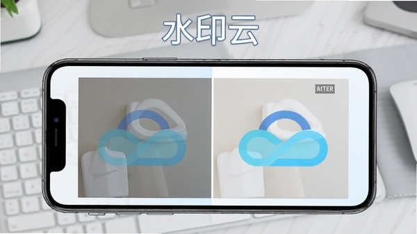水印云软件主界面展示图,手机屏幕内显示去除水印前后的图片对比效果,左侧原图带有明显半透明logo,右侧处理后的图片画面干净无痕,背景为浅灰色工作台,上方有软件名称水印云字样,整体风格简洁现代,色彩明亮,竖构图,细节丰富