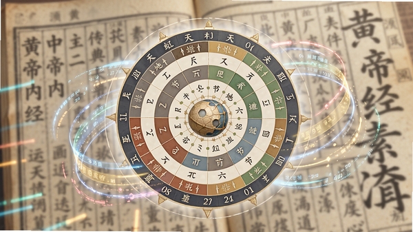 中医运气学软件功能预览图,画面中央是一个圆形罗盘图,标注着天干地支、二十四节气、六气步位,罗盘周围有动态数据流动,背景为古籍《黄帝内经》素问篇章的模糊影印,整体色彩柔和,光线明亮