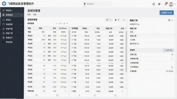 飞蝶商品批发管理软件主界面预览图,展示清晰的进销存管理功能面板,包括商品列表、库存数量、销售订单等模块,界面风格商务简洁,数据表格清晰易读