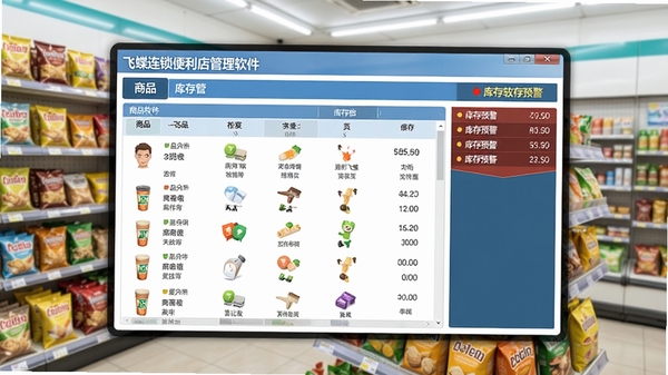 飞蝶连锁便利店管理软件库存管理界面,显示商品列表和库存数量,背景为便利店货架,商品摆放整齐,软件界面清晰显示库存预警信息,整体色调明亮