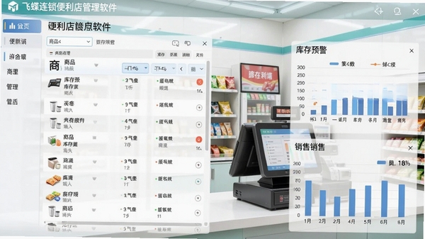 飞蝶连锁便利店管理软件主界面截图,展示商品列表、库存预警和销售图表,背景为整洁的便利店收银台,明亮通透,软件界面清晰显示中文菜单,整体风格专业且现代