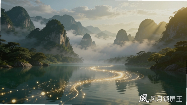 风月锁屏王的风景类动态壁纸效果展示,画面呈现一片云雾缭绕的青山绿水,水面上有缓慢流动的粒子光效,右下角显示风月锁屏王的水印标识,整体画风写实唯美,光影层次丰富,体现动态壁纸的生动质感
